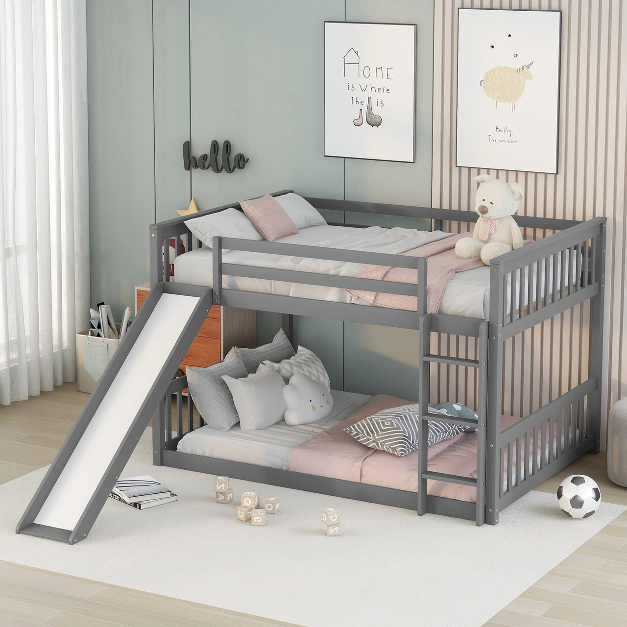 Masonstine Full over Full Bunk Bed with Slide and Ladder, Grey
