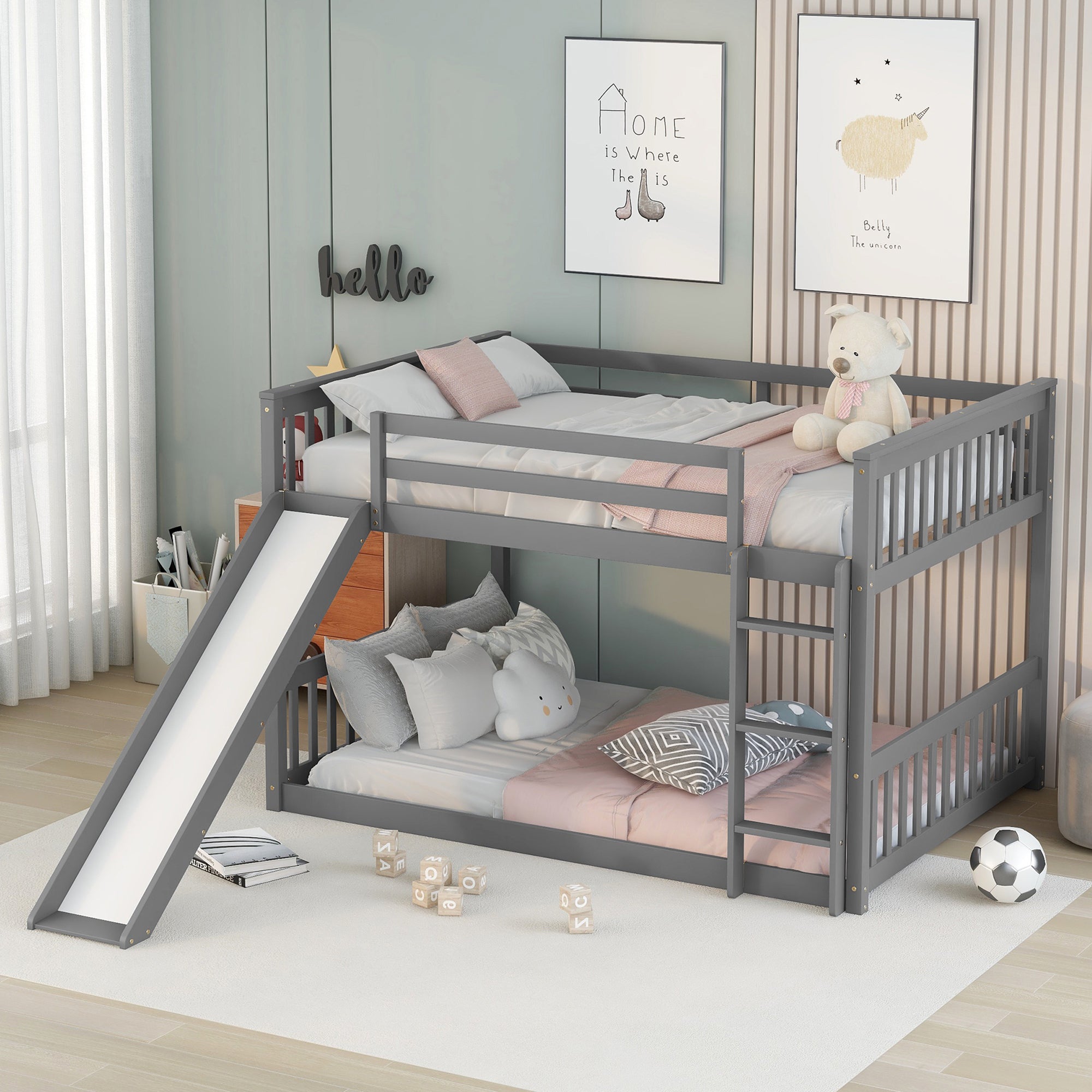 Masonstine Full over Full Bunk Bed with Slide and Ladder, Grey