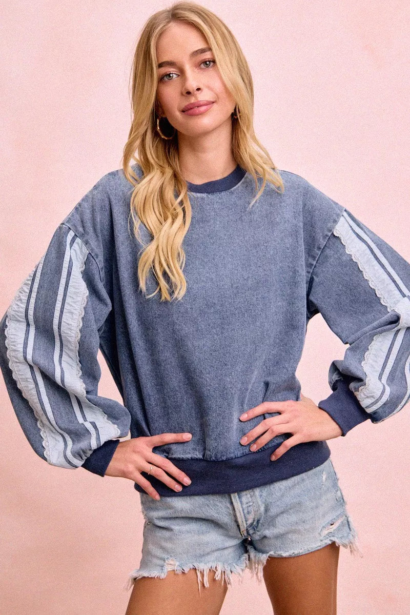 BiBi Washed Denim Lace Contrast Sided Sweatshirt