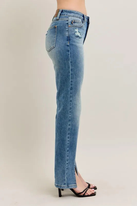 Judy Blue Full Size High Waist Vintage Wash Front Seam & Slit Straight Plus Size