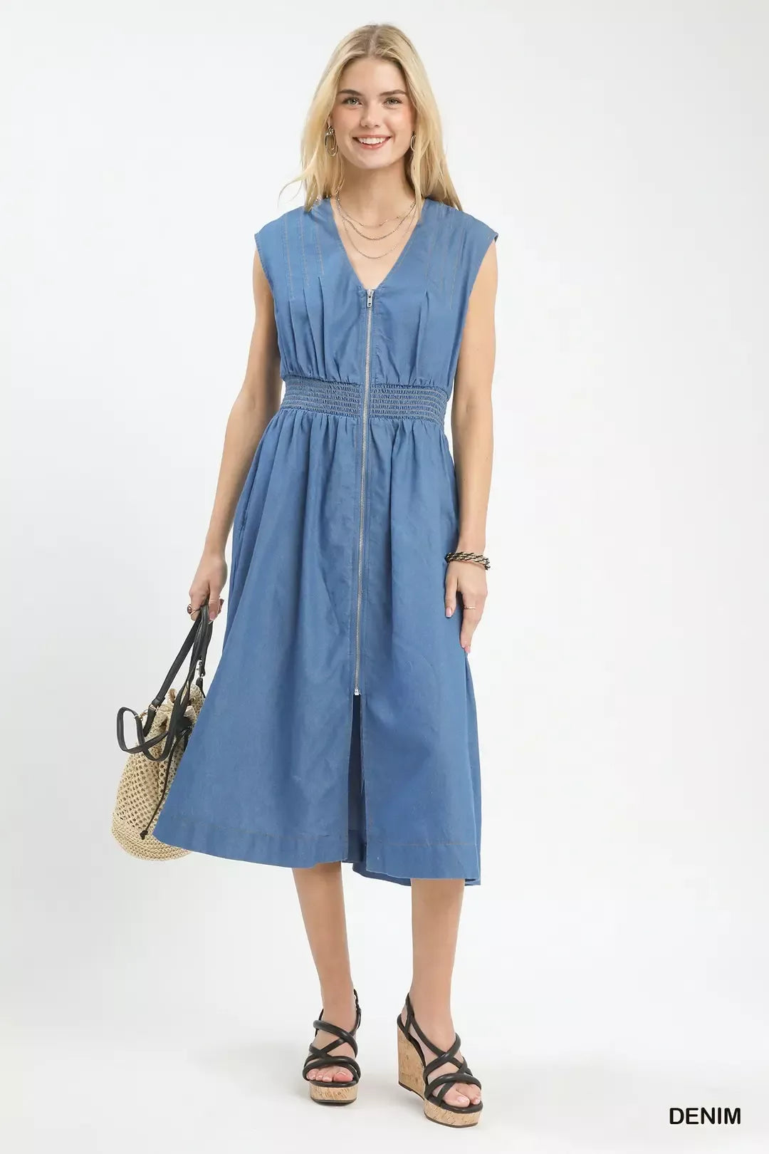 Umgee Denim Sleeveless Zip-Front Smocked Waist Midi Dress