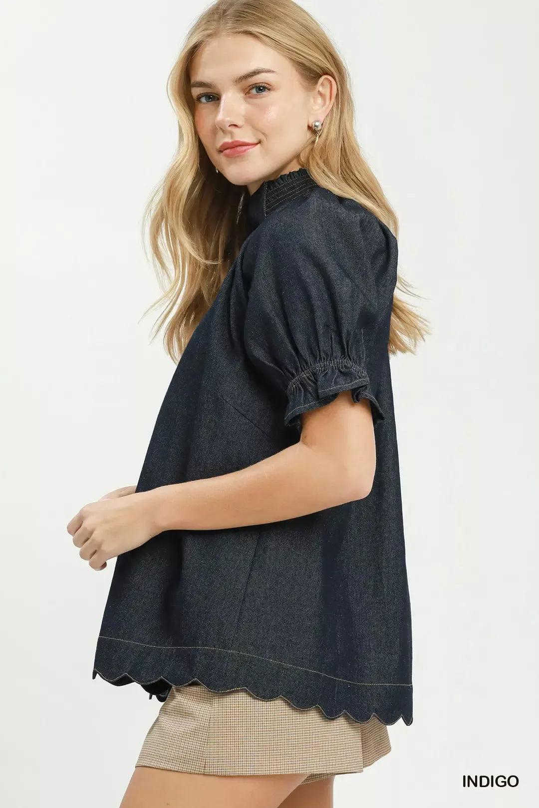 Umgee Chambray Puff Sleeve Scallop Hem Blouse
