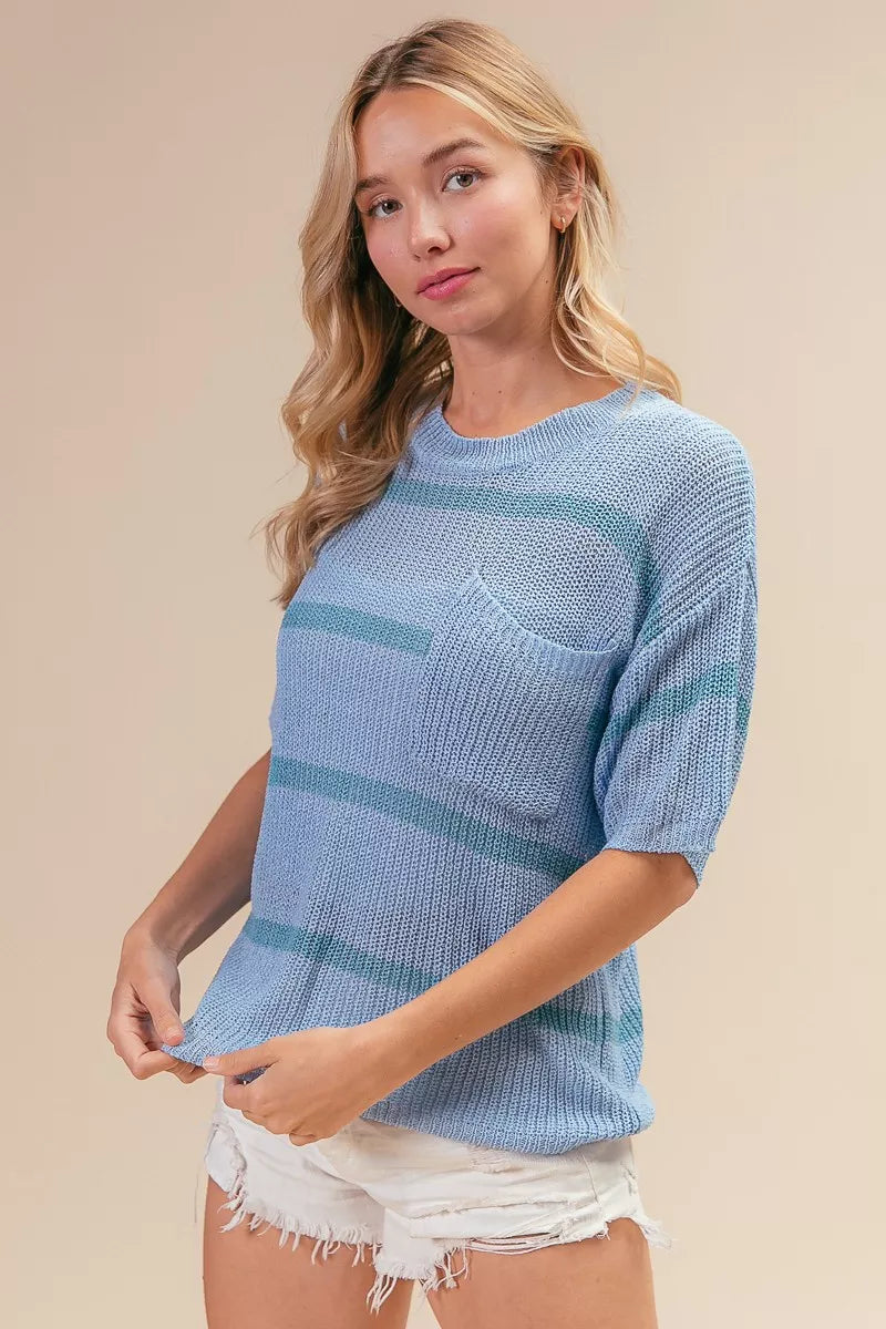 BiBi Patch Pocket Striped Lightweight Sweater Top