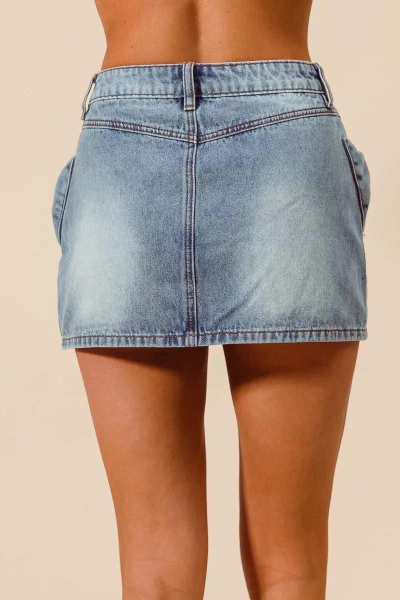 SO ME Bow Knot Pocket Denim Mini Skirt