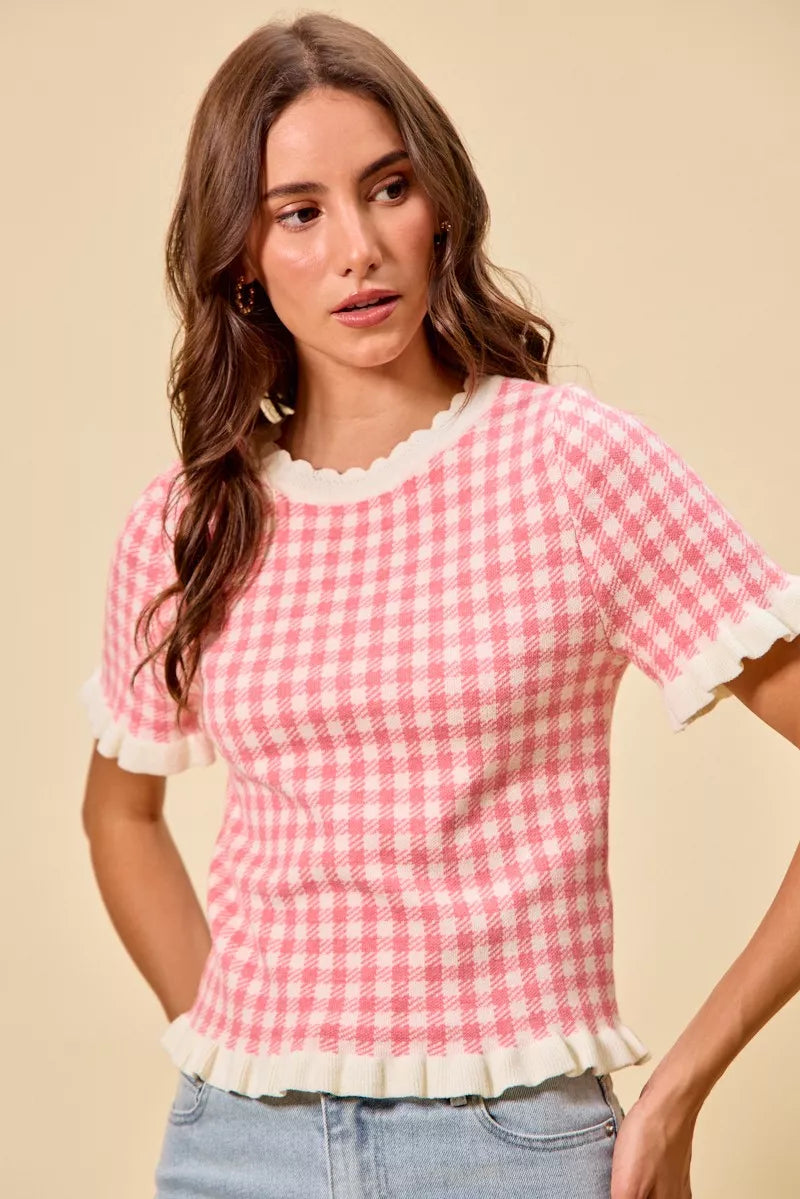 SO ME Gingham Knit Ruffled Short Sleeves Sweater Top