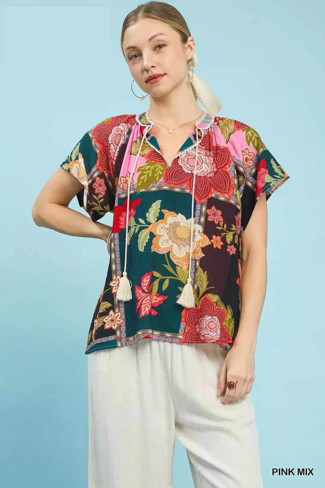 Umgee Mix Floral Patchwork Tassel Tie Top