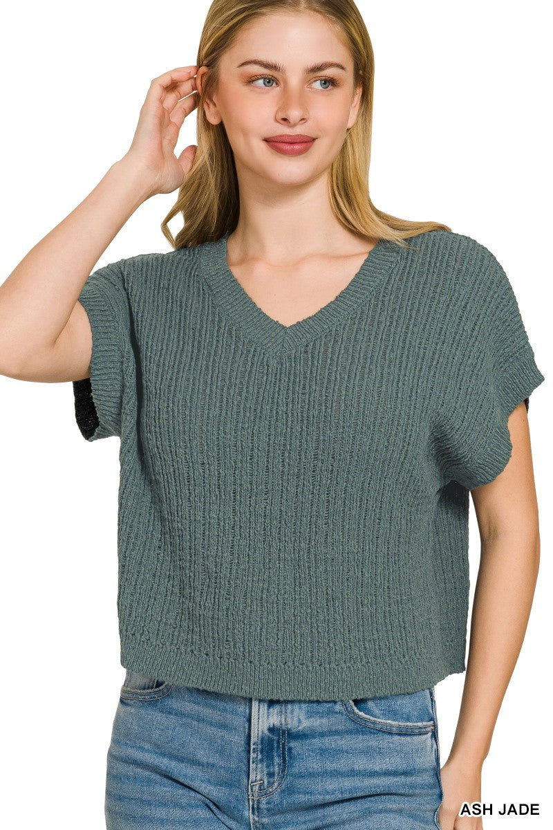 Zenana Textured Knit V-Neck Cropped Sweater