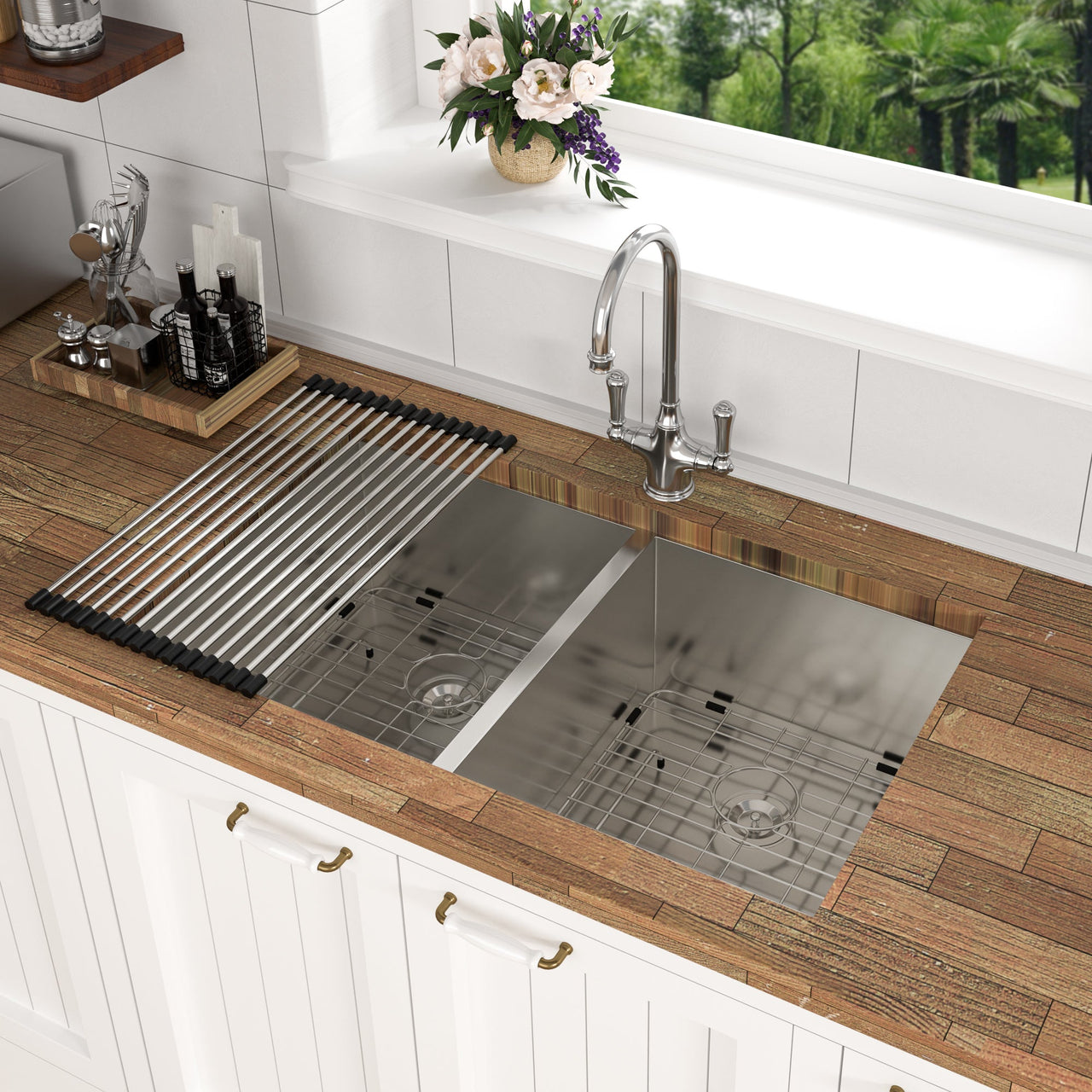 Brushed Nickel Undermount Double Bowl Kitchen Sink 33 x 19 in 16 Gauge Stainless Steel with 9 Inch Deep Basin