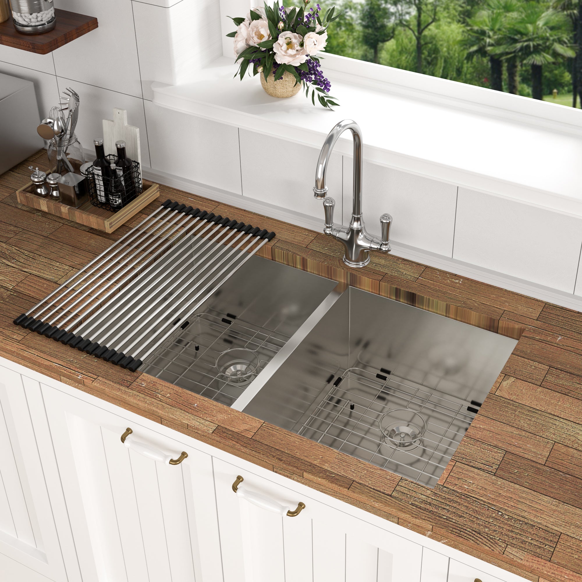 Brushed Nickel Undermount Double Bowl Kitchen Sink 33 x 19 in 16 Gauge Stainless Steel with 9 Inch Deep Basin