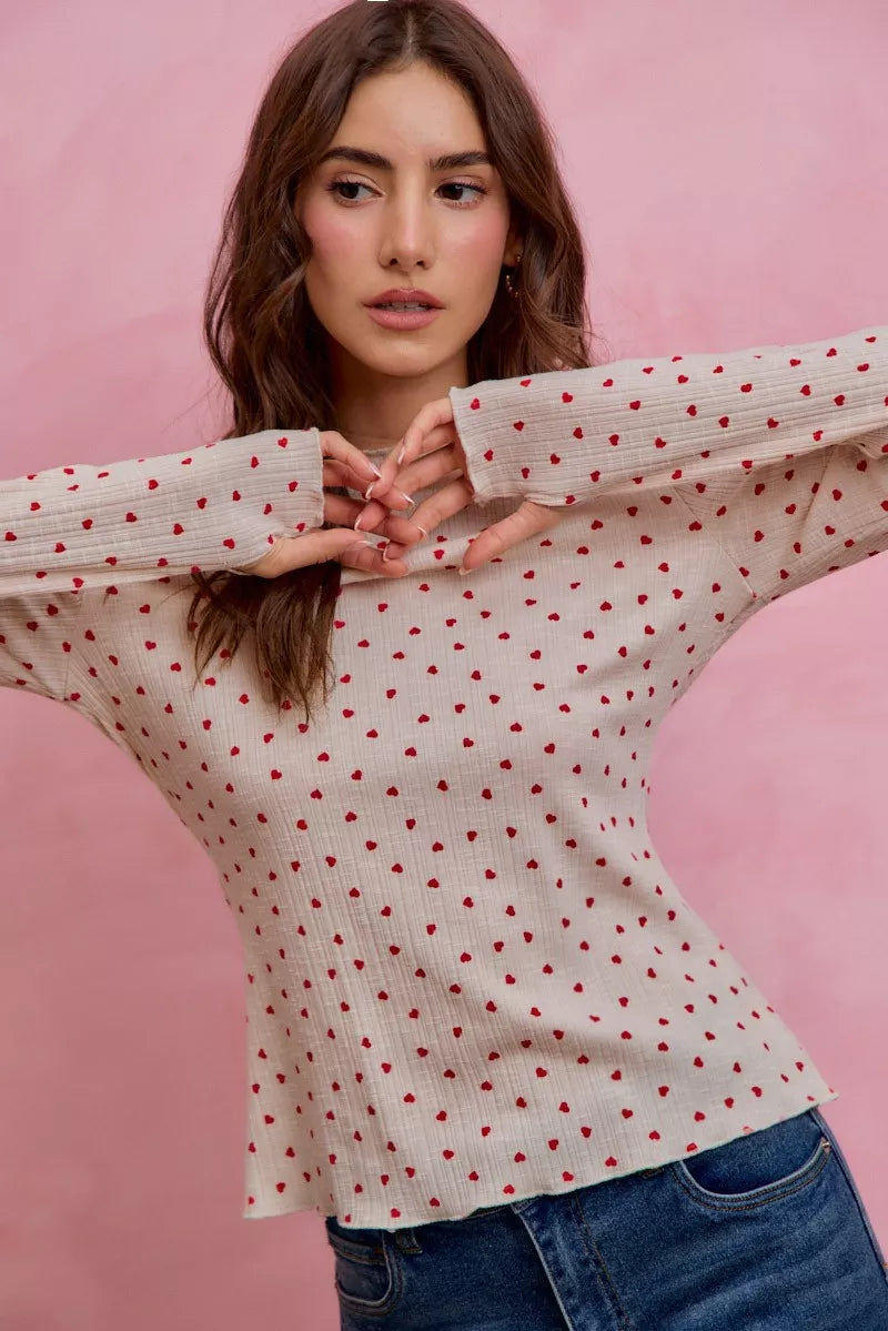 SO ME Ditsy Heart All Over Slub Rib Knit Valentine Top