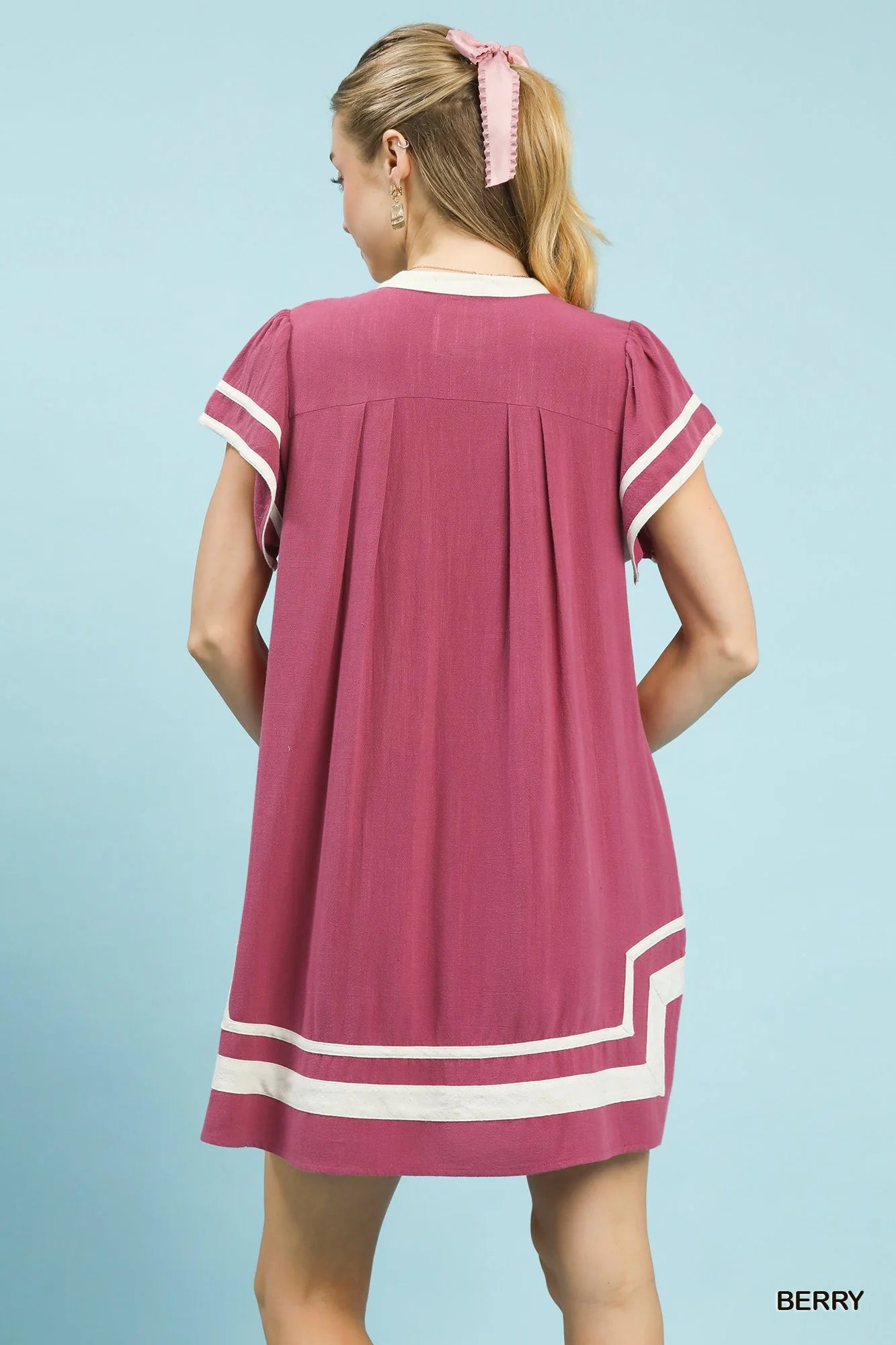 Umgee Linen Contrast Trim Short Sleeve Dress