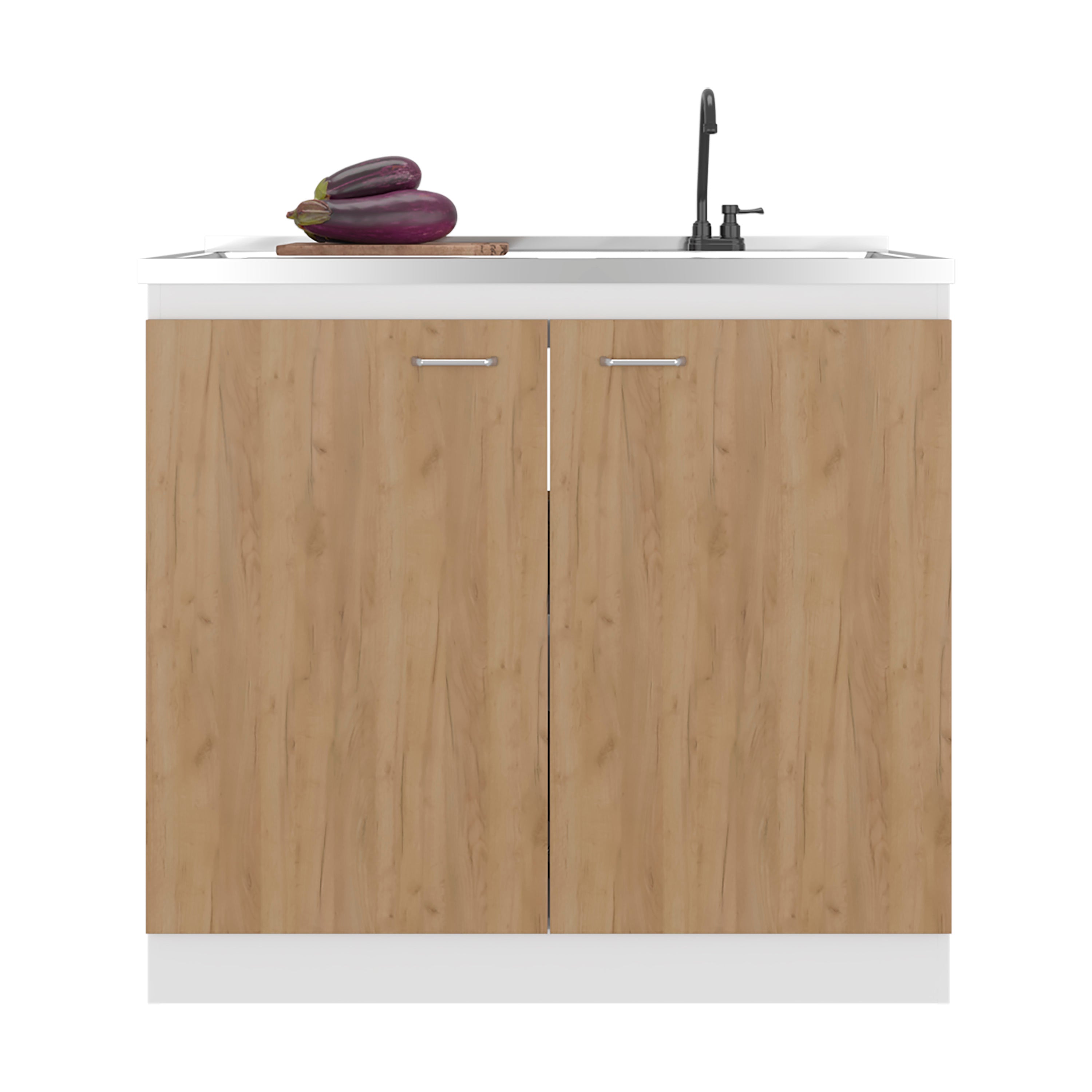 Salento Freestanding Sink, Double Door Cabinet, Two Shelves, White / Natural Oak