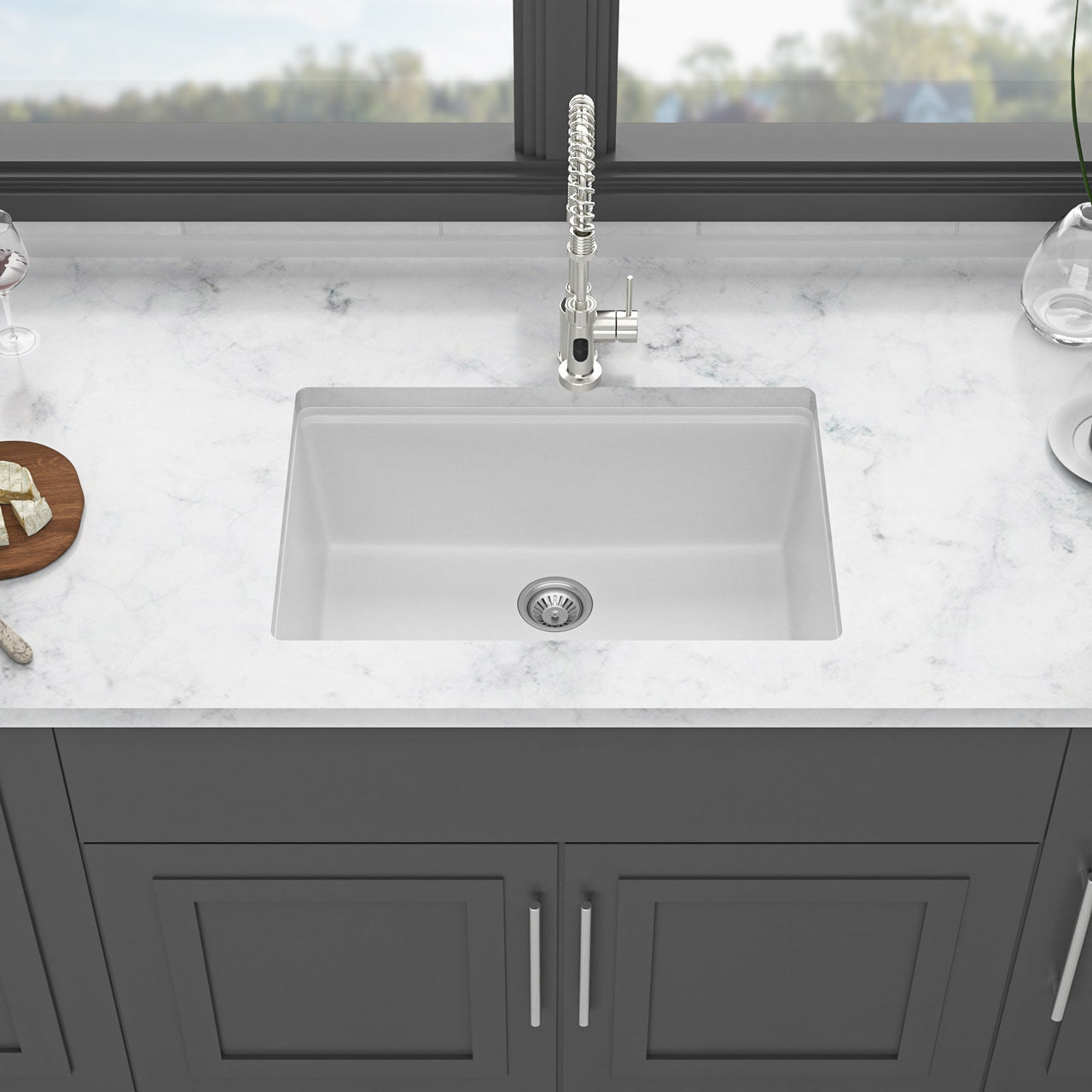 Quartz Kitchen Sink - 28' x 19' White Granite Composite Workstation Undermount Kitchen Sink
