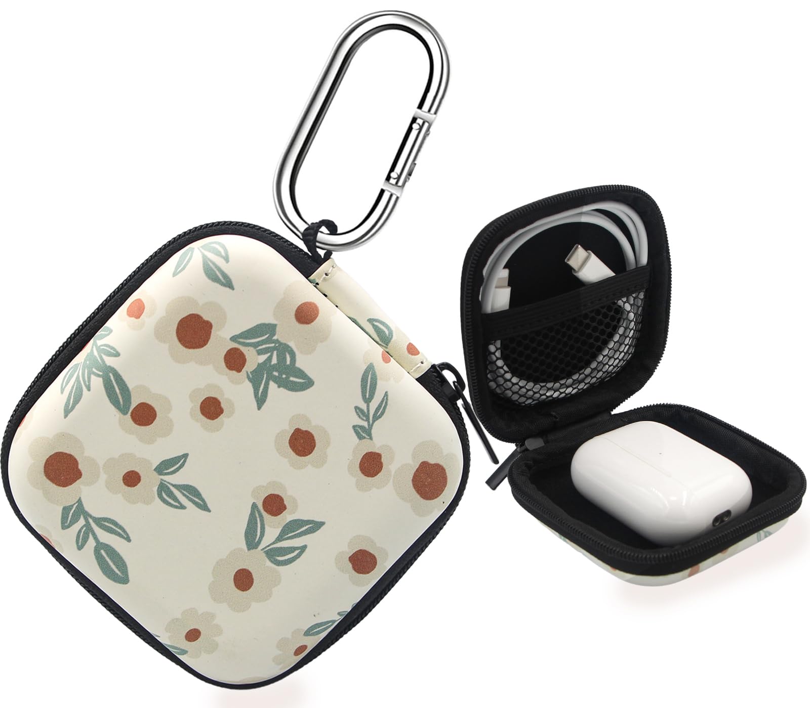 PowerDriver Earbud CaseHeadphone Organizer Earbud Storage Bag Hard EVA Shockproof Cover Carrying Case with Carabiner Clip Compatible with AirPods 4 AirPods Pro 2nd /3/2/1 Bose Galaxy (Small Flower)