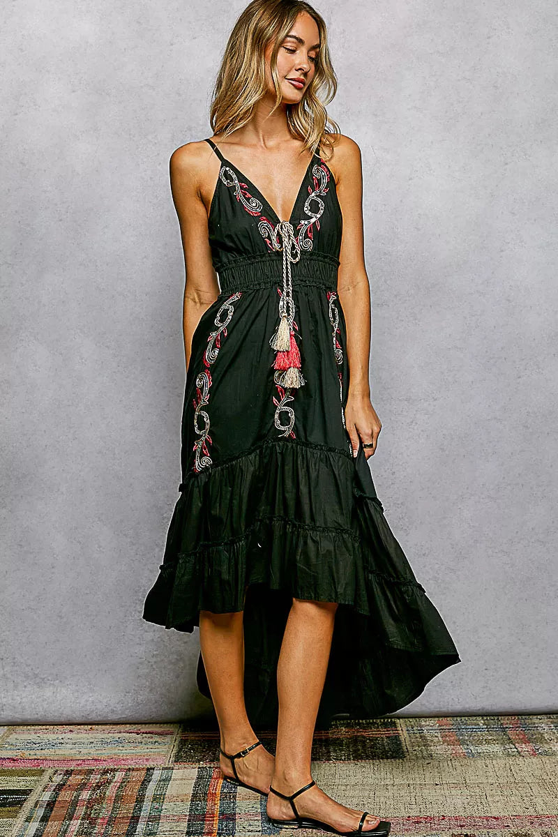 POL Embroidered Detail Tassel Tie Smocked Waist Midi Tiered Cami Dress