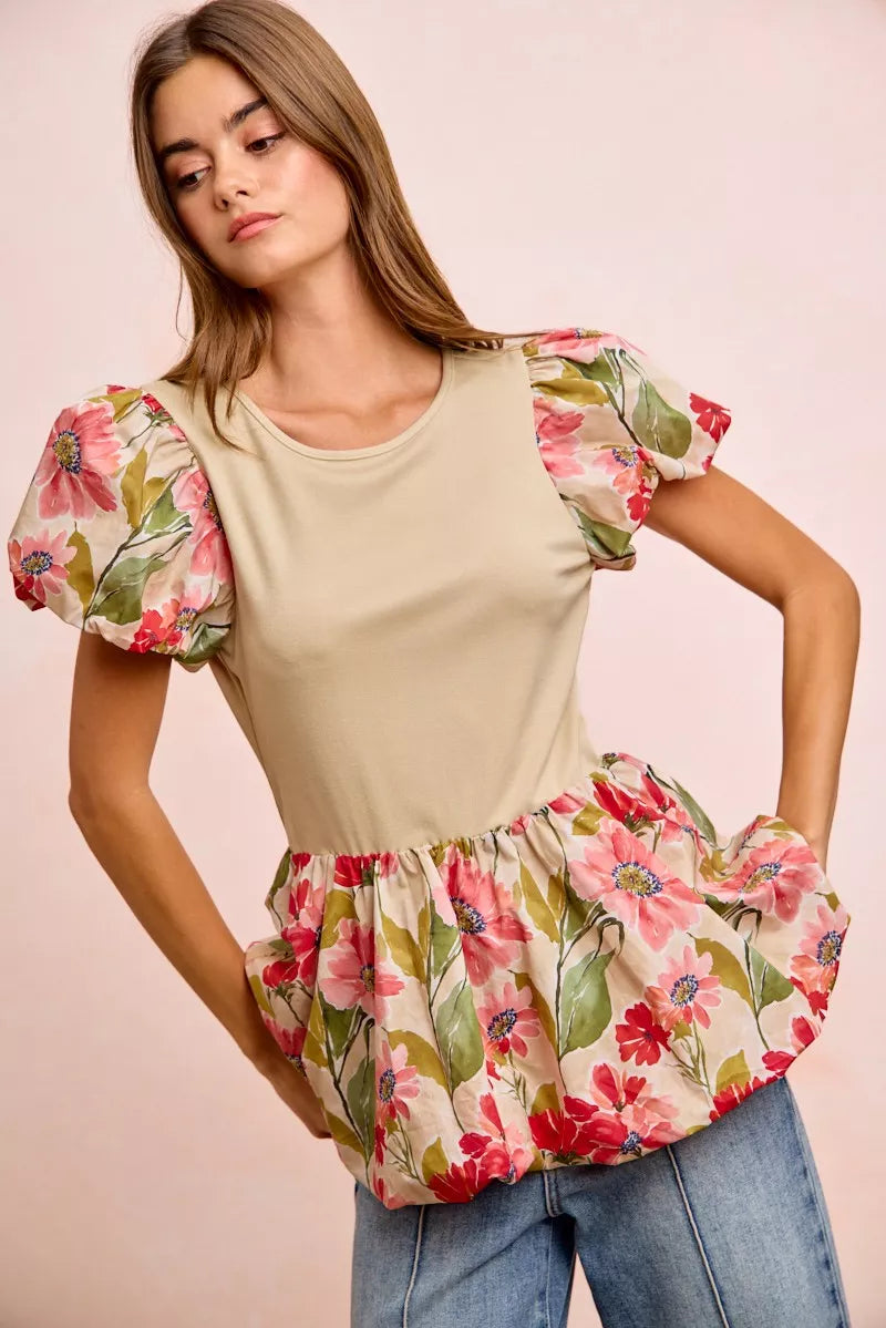 BiBi Floral Printed Bubble Sleeves and Hem Peplum Top