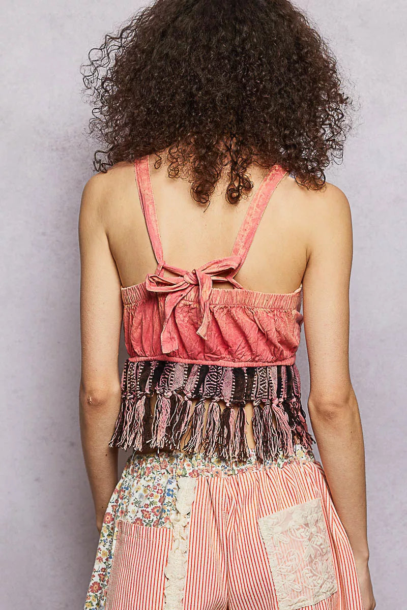 POL Lace-Up Fringe Hem Tank with Lace Detail