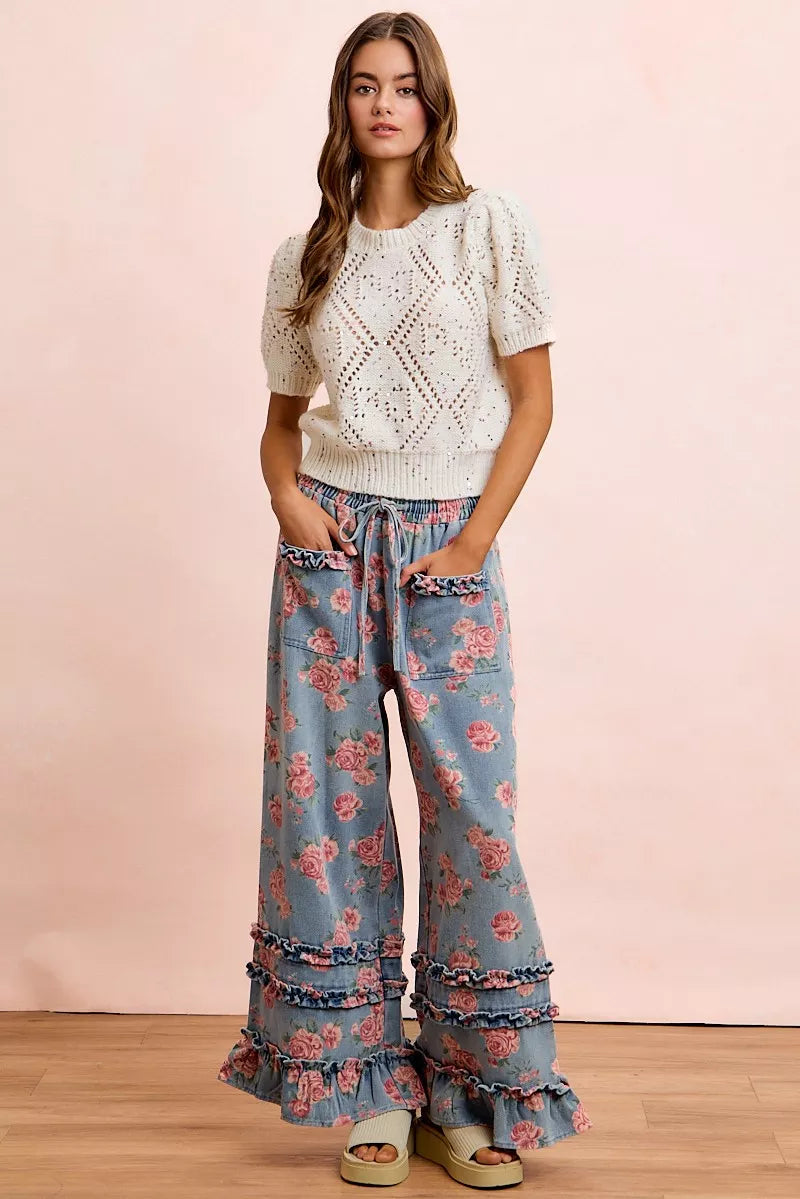 BiBi Washed Floral Denim With Ruffle Elastic Wide Pants