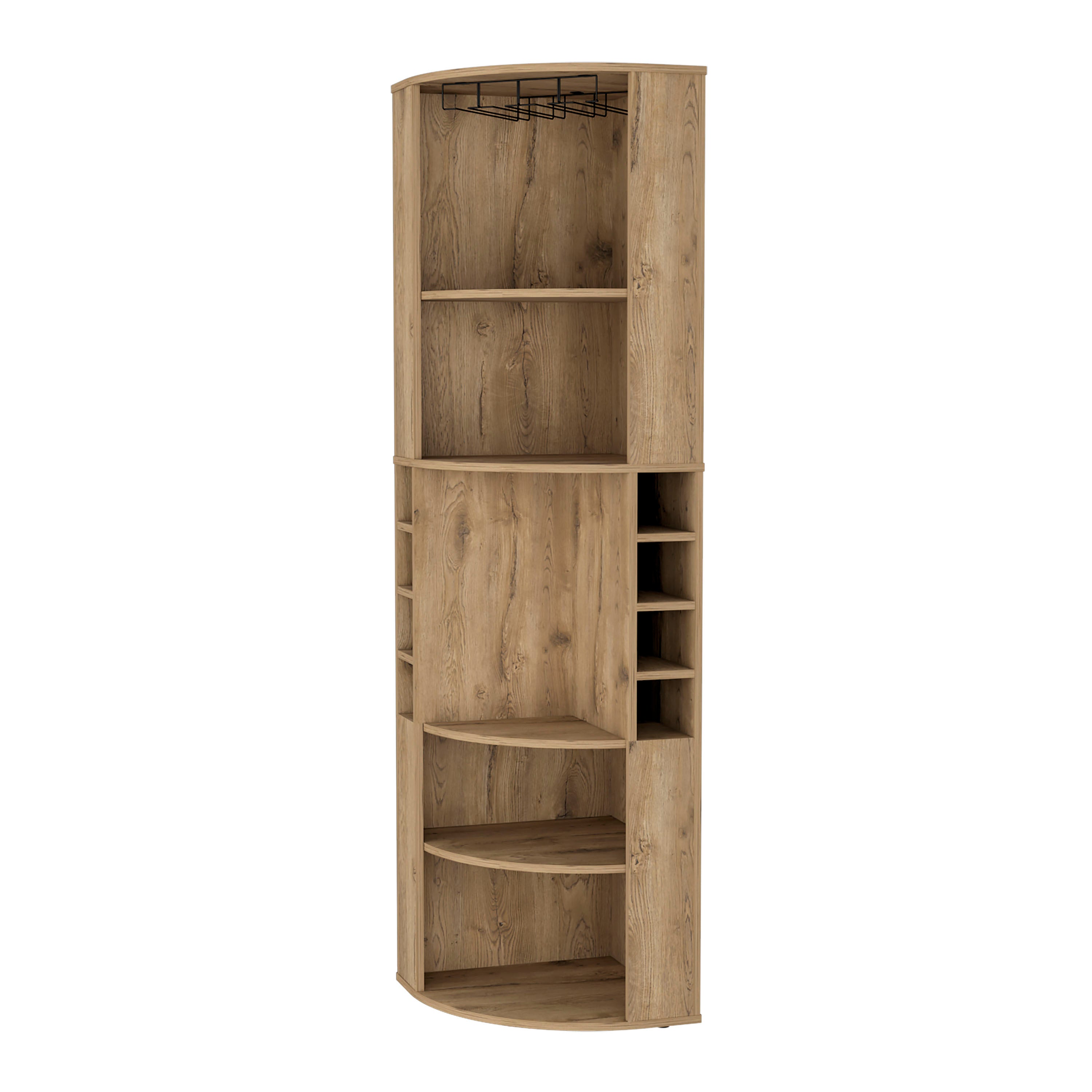 FM FURNITURE Clifton Corner Bar Cabinet, with 5 shelves,Cup Hanger and Eight Built-in Wine Rack,Macadamia