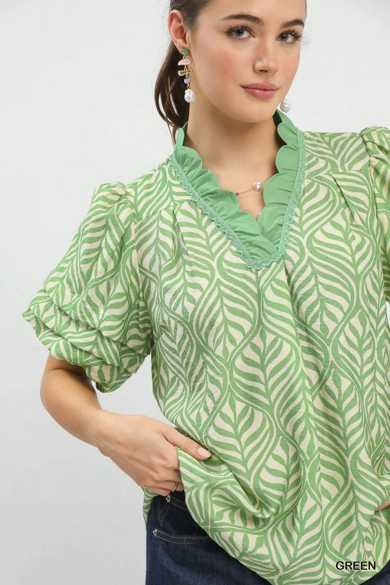 Umgee Printed Puff Sleeve Ruffle Neck Top