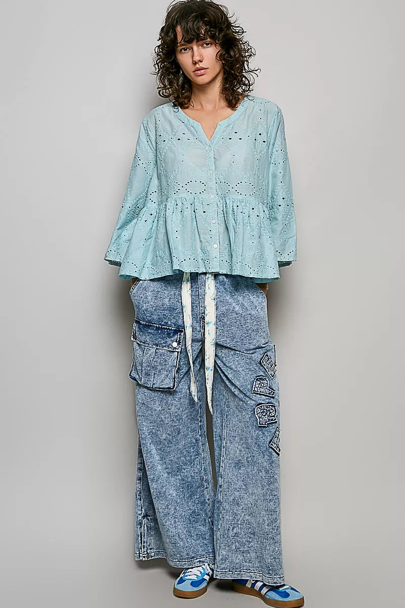 POL Eyelet Embroidery Peplum Button Front Cotton Shirt