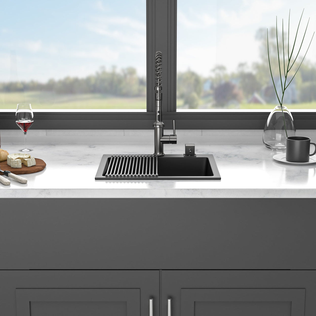 Quartz Kitchen Sink - 25 x 22 Inch Black Granite Composite Drop-In Sink