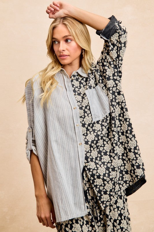 BiBi Stripes Jacquard Floral Mix And Match Shirt Top