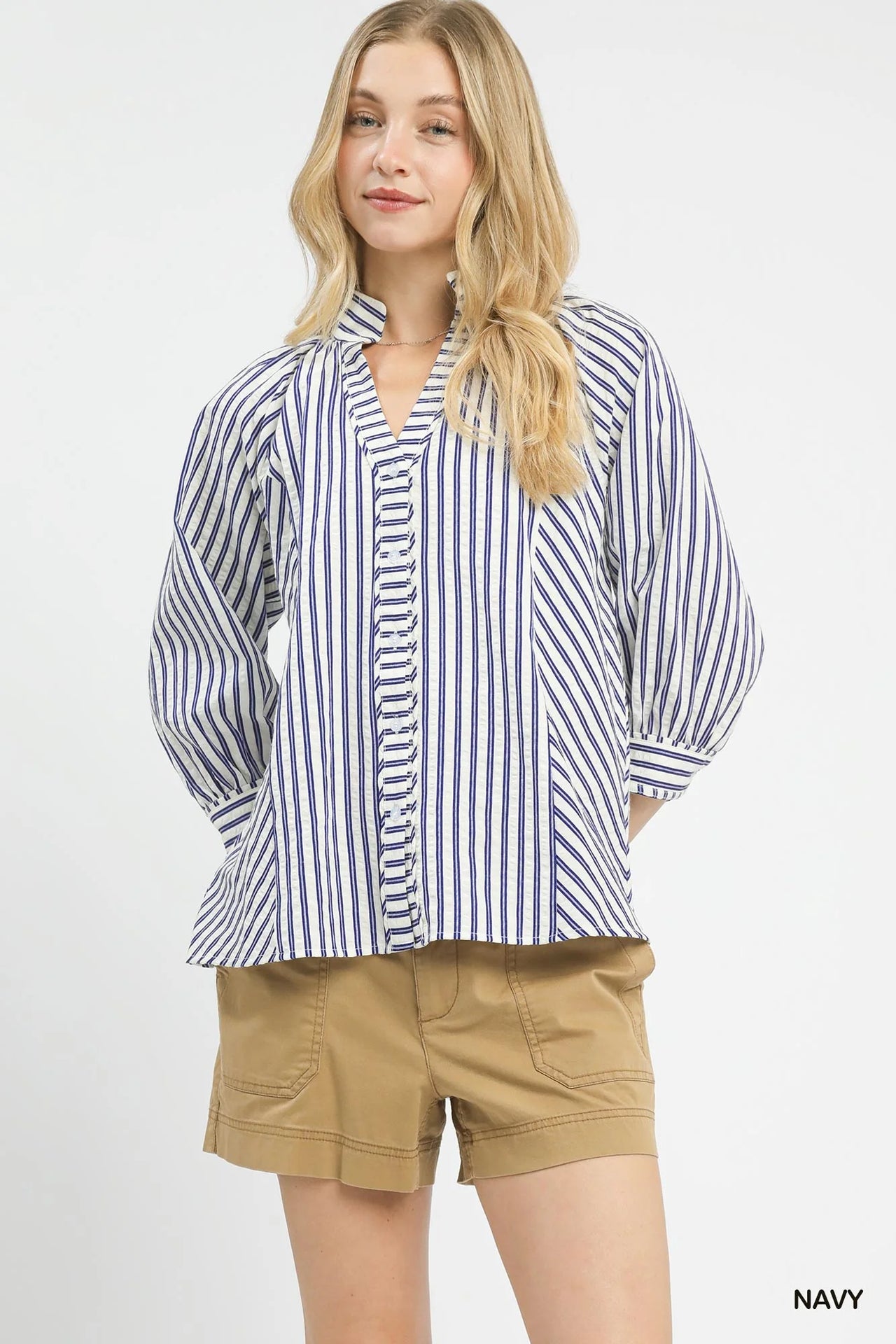 Umgee Striped V-Neck Button Down Top