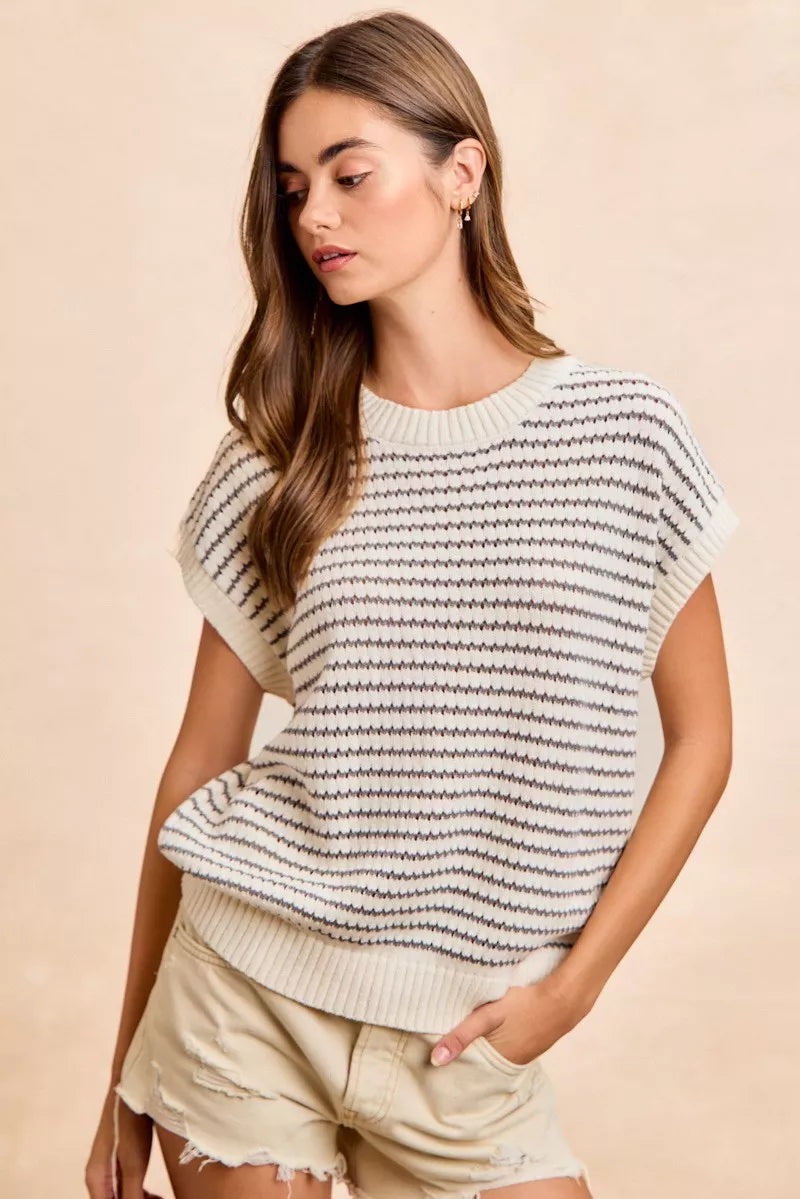 BiBi Pointelle Stripes Sleeveless Drop Shoulder Lightweight Sweater Top