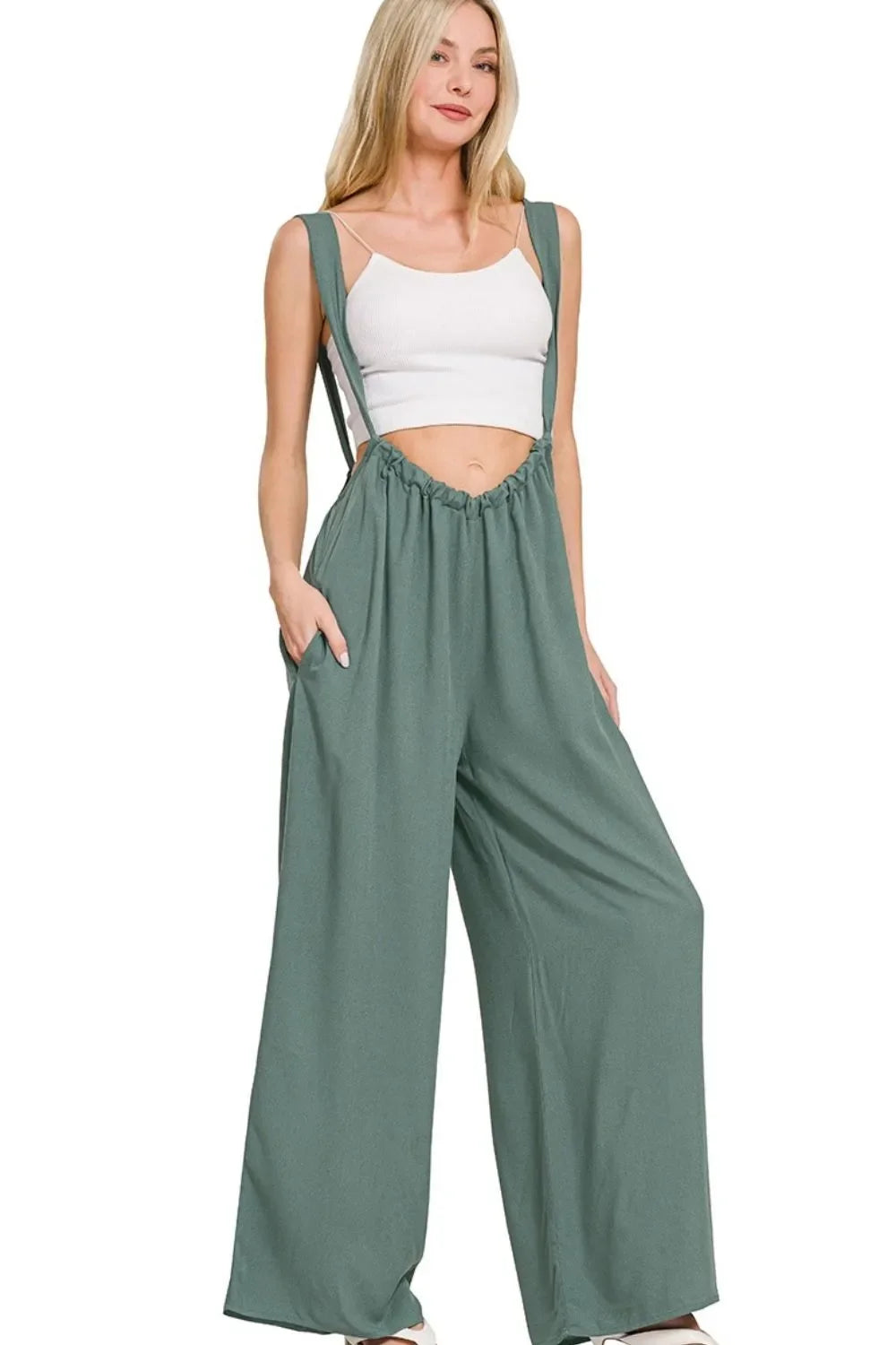 Zenana Woven Tie Back Suspender Jumpsuit