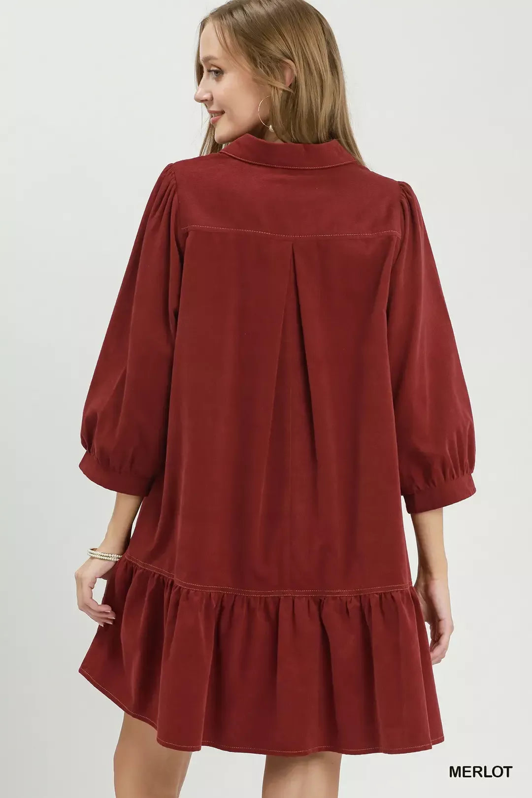 Umgee Corduroy Contrast Trim Tiered Babydoll Dress