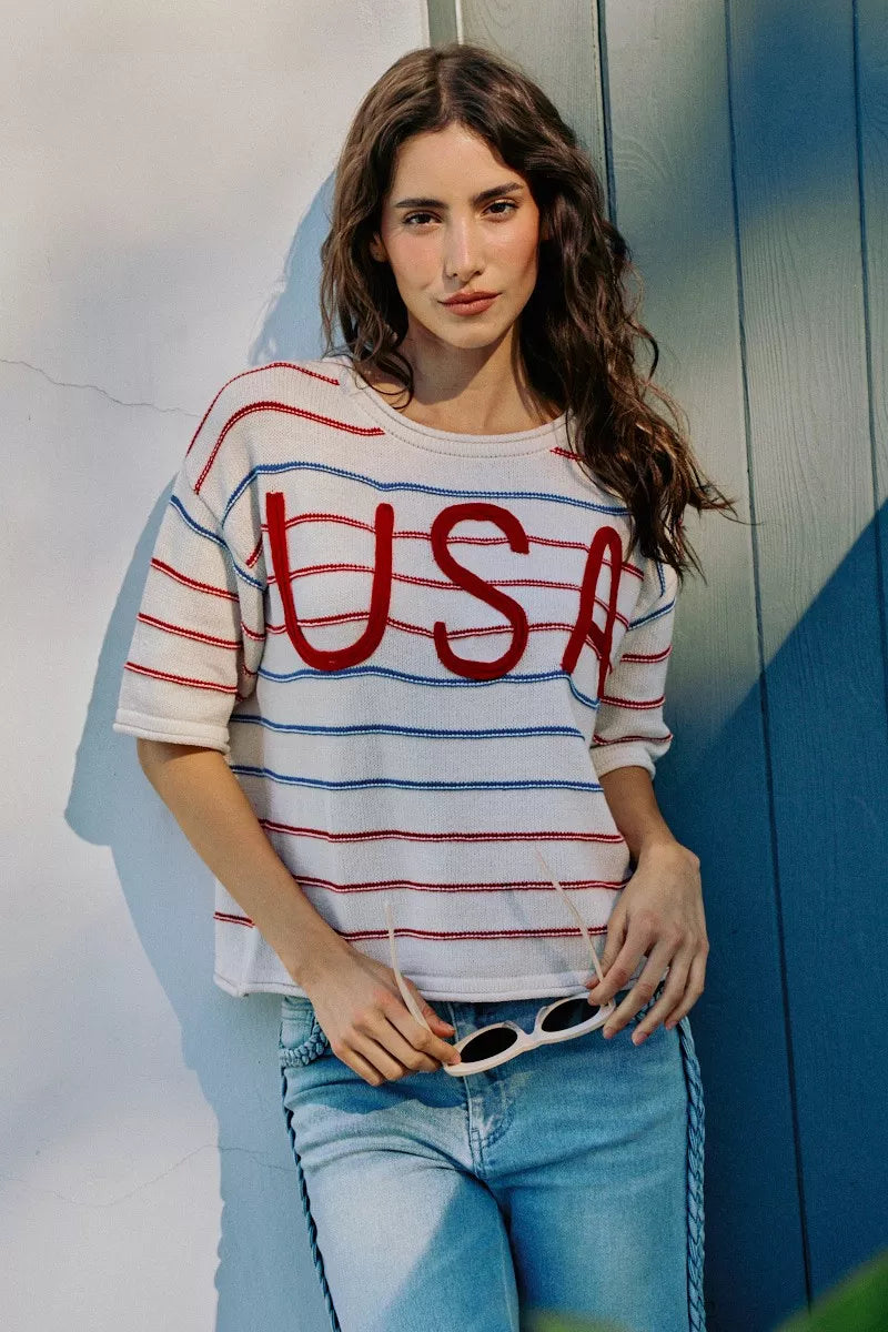 SO ME Usa Stripe Knit Short Sleeves Sweater Top