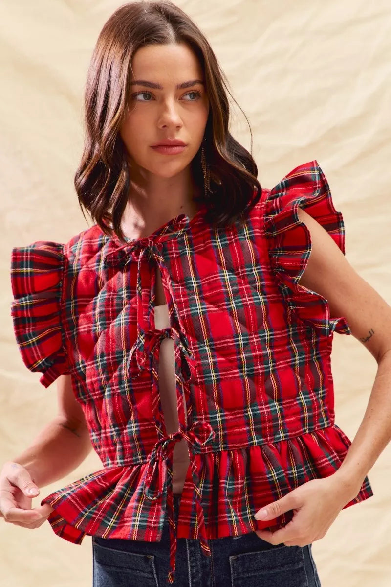 SO ME Christmas Holiday Plaid Ruffled Quilt Vest Top