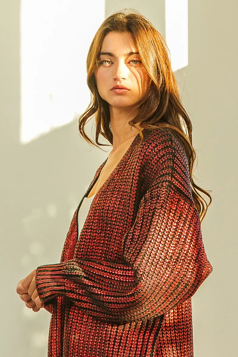 BiBi Metallic Knit V-neck Open Sweater Cardigan