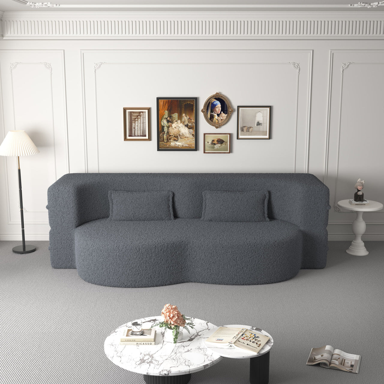 Modern Floor Sofa, with 2 Pillows, Convertible Teddy Fabric Foam Filled Bed, 15 inch Full Size Folding Mattress, Suitable for Living Room, Guest room, Game Room, Grey