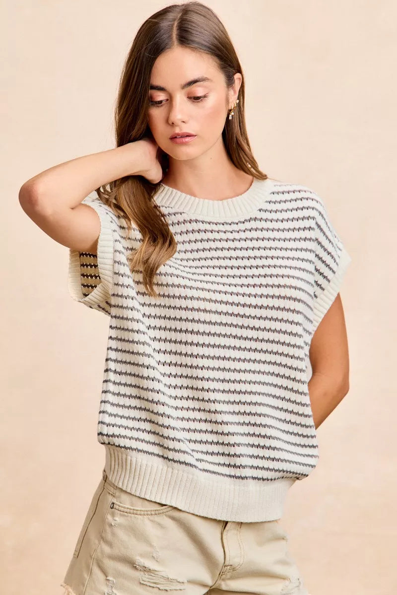 BiBi Pointelle Stripes Sleeveless Drop Shoulder Lightweight Sweater Top