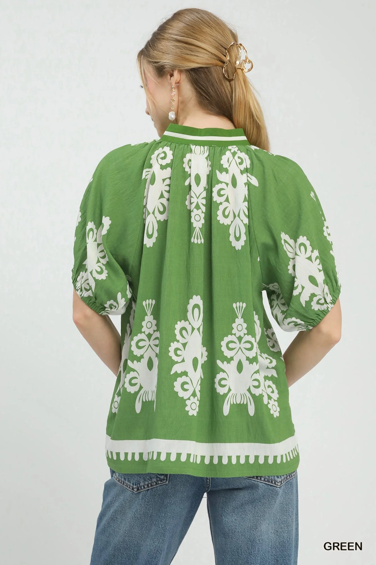 Umgee Boho Print Split-Neck Short Sleeve Top