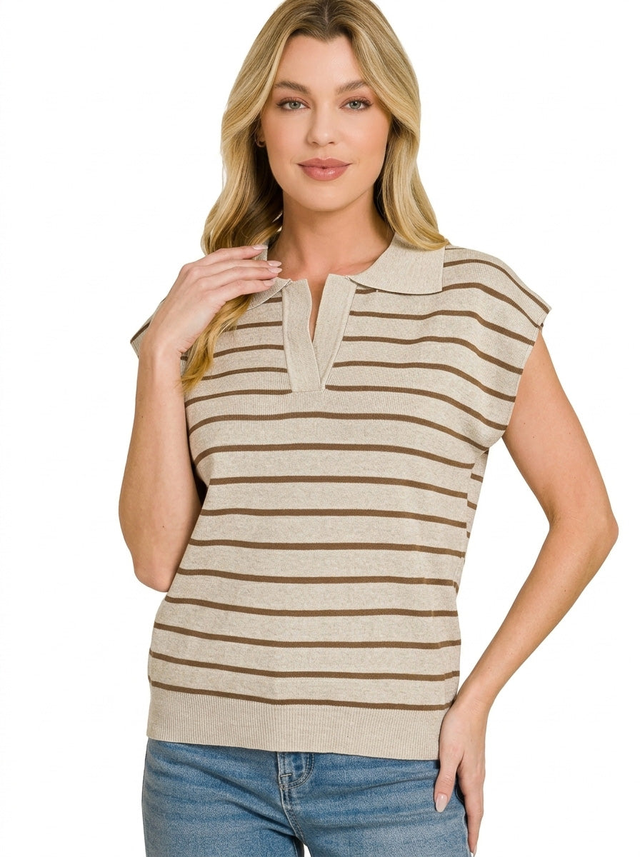 Zenana Viscose Striped Collared Sweater Vest