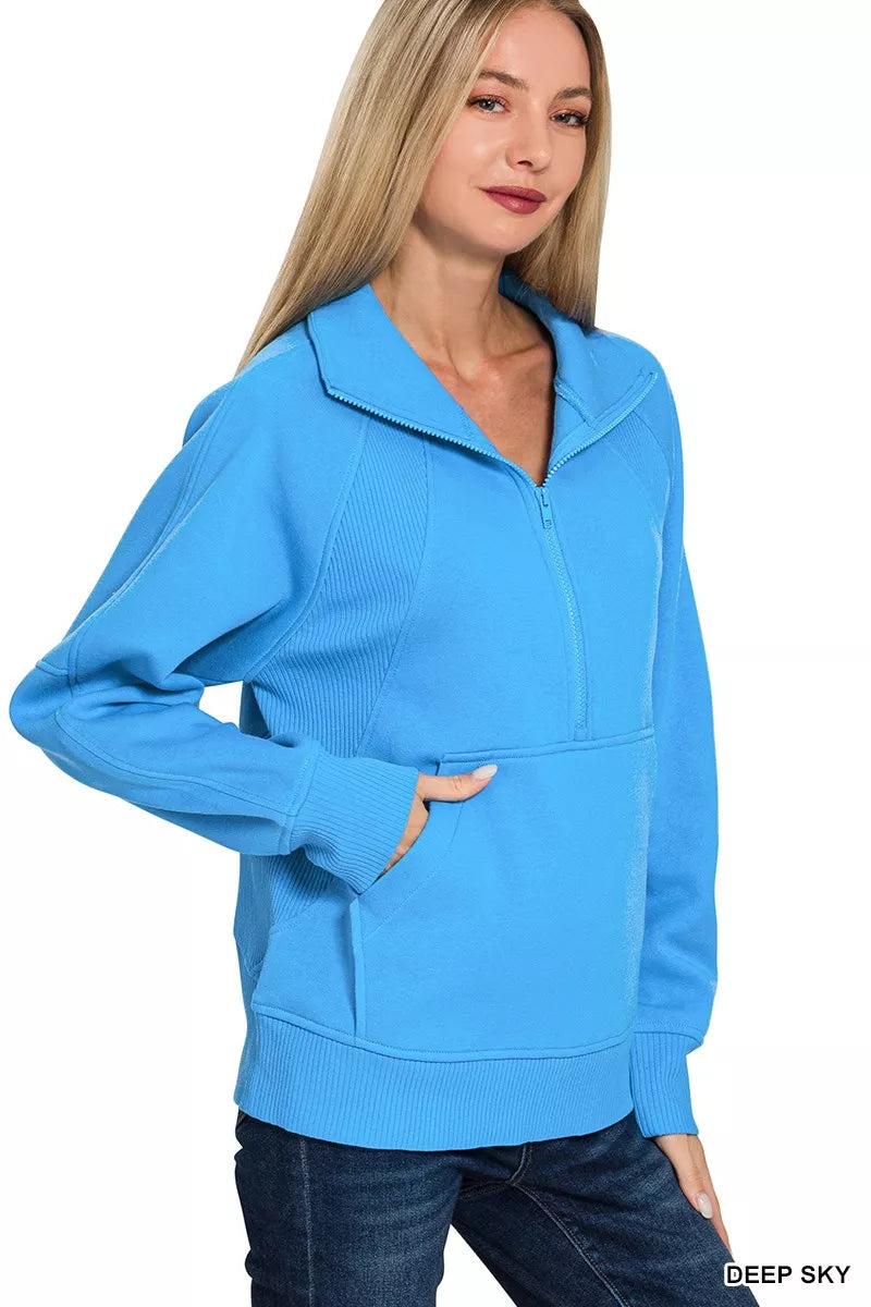 Zenana Half Zip Fleece Sweatshirt with kangaroo Pocket