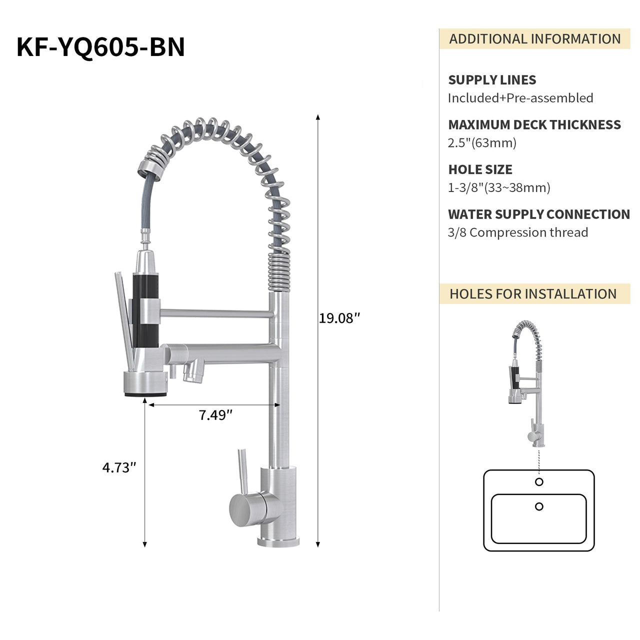 Bothwa Home CUPC Certified 19' Single Handle Kitchen Faucet ( Brushed Nickel Finish)