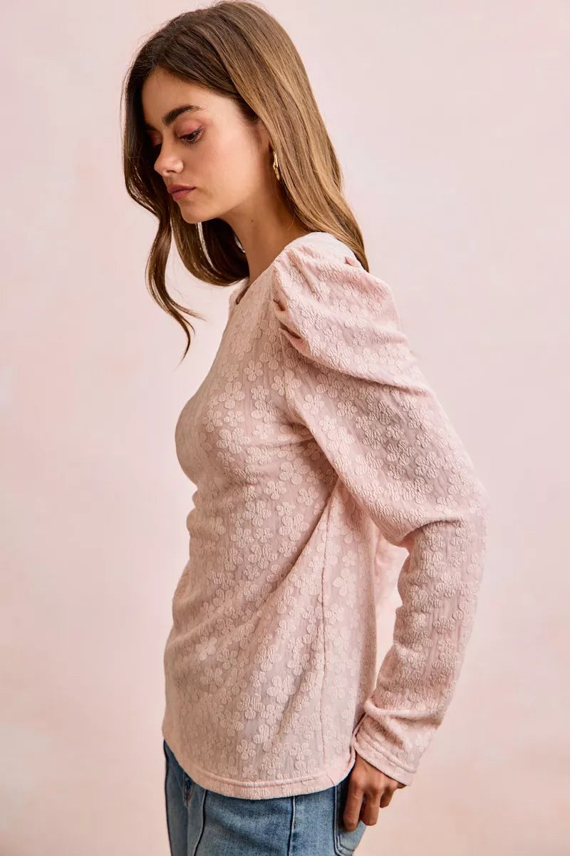 BiBi Textured Flower Knit Puff Shoulder Top