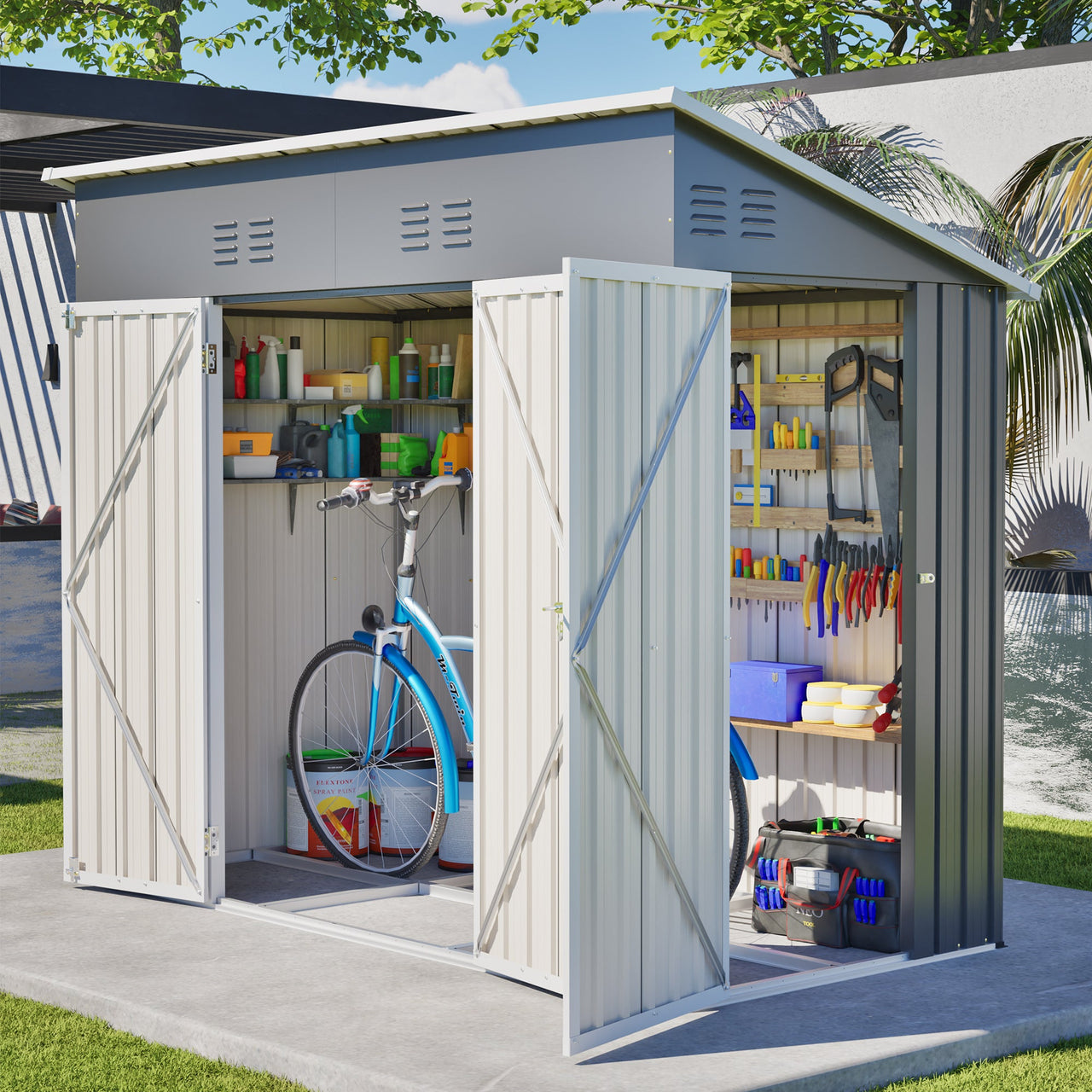 4x8 Slope-Roof Reinforced Storage Shed with Weatherproof Sloping Roof & 4 Air Vents, Heavy-Duty Sturdy Metal Frame, Left/Right Optional Door, Outdoor Tool Shed Warehouse for Garden Storage Pet House