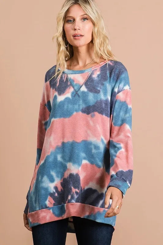 BiBi Tie Dye French Terry Pull Over with Front Stitching Detail