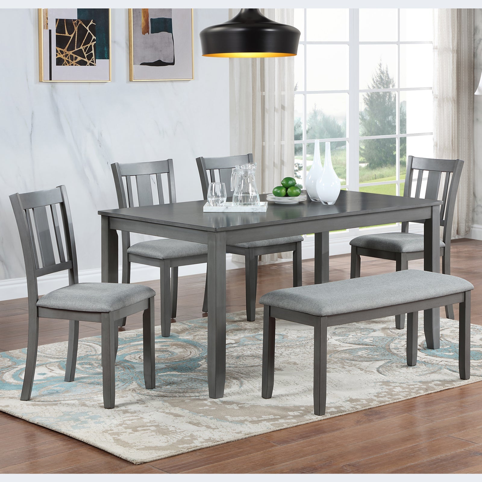 6PCs Kitchen Dining Set, Rectangular Wooden Dining Table with 4 Upholstered Chairs and a Bench, Dining Table Set for 6 People, Living Room, Home Bar and Kitchen, Gray