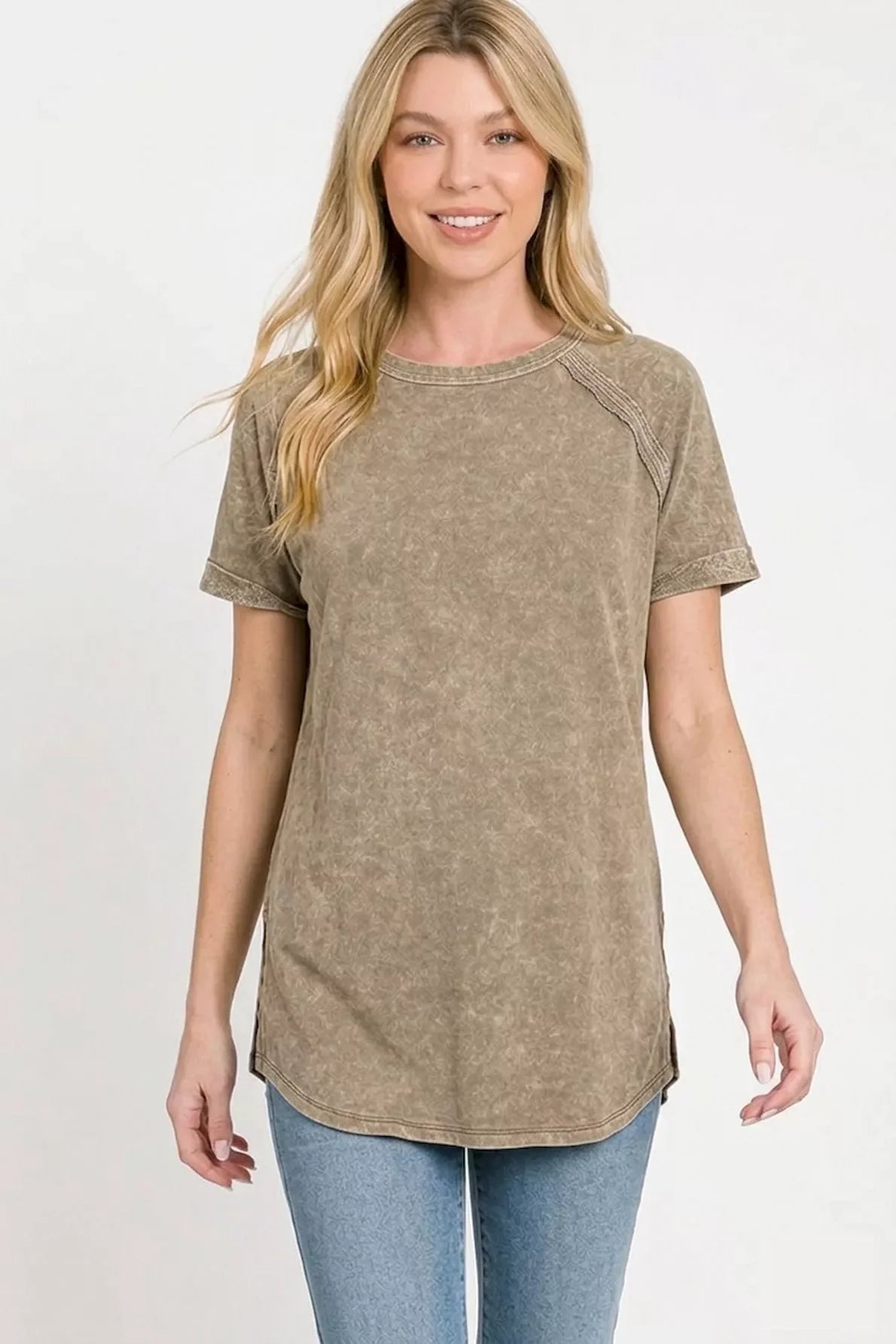 Zenana French Terry Washed Curved Hem Top