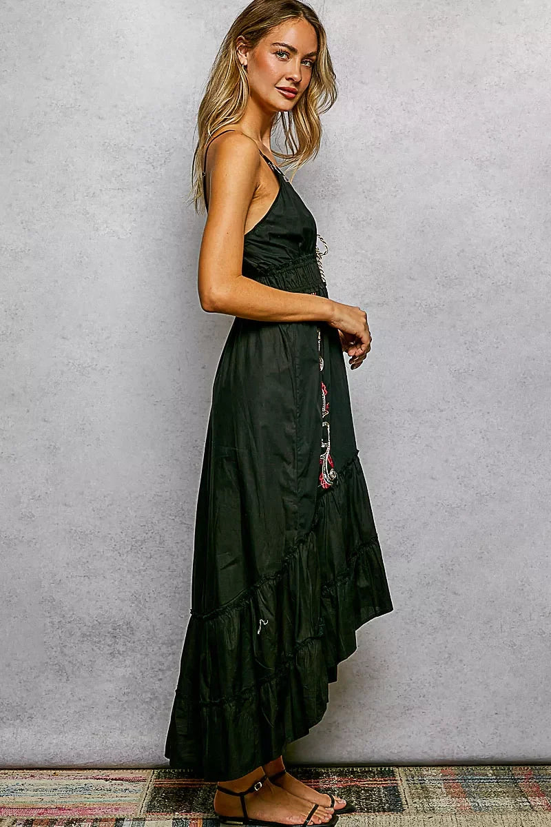 POL Embroidered Detail Tassel Tie Smocked Waist Midi Tiered Cami Dress