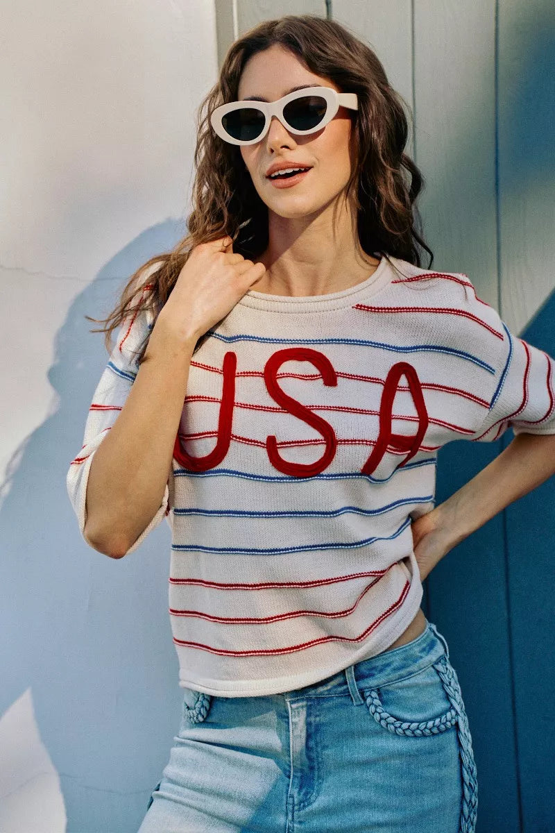 SO ME Usa Stripe Knit Short Sleeves Sweater Top