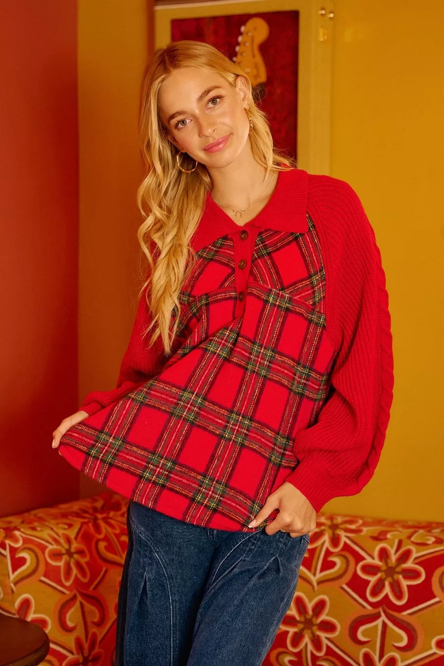 BiBi Plaid Buttoned Collared Top with Sweater Sleeve