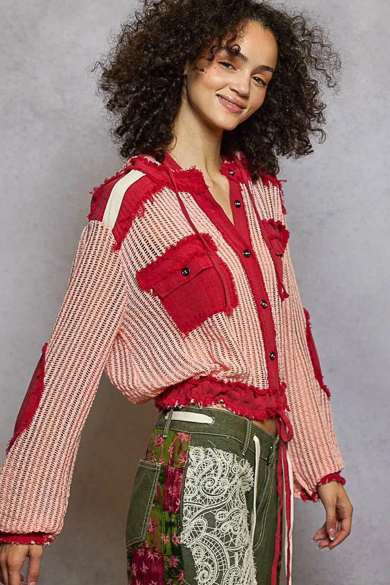 POL Texture Woven Button Down Hooded Shirt with Drawstring Hem