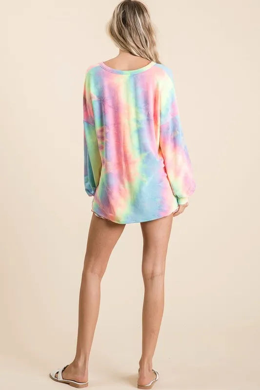 BiBi Tie Dye French Terry Top With Balloon Sleeves